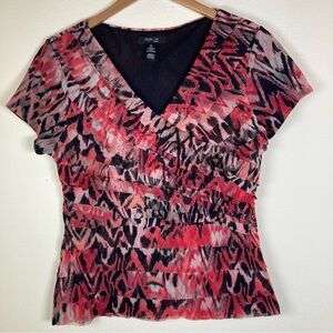 Style & Co Petite Large PL Ruffled Abstract Print Blouse Red Black Mesh Top